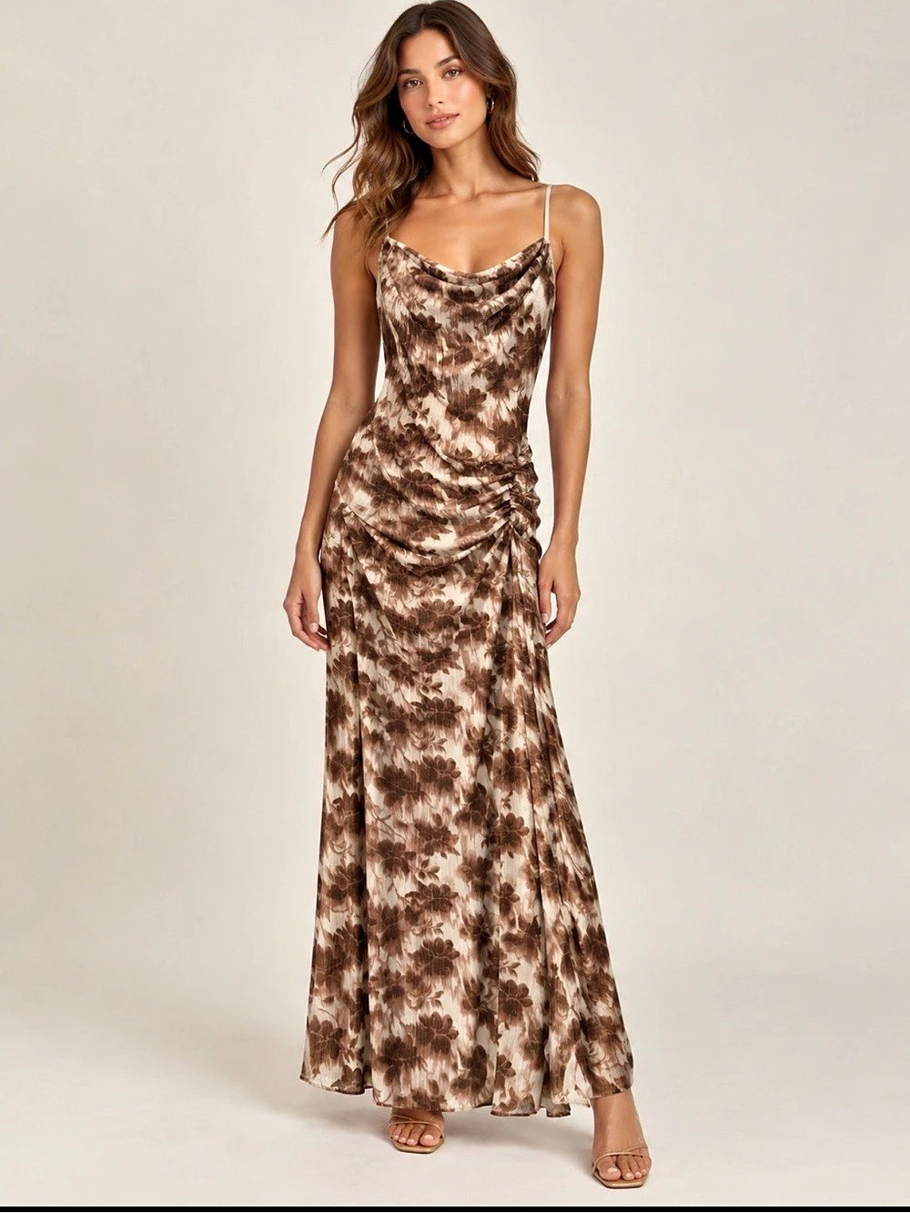 Free people nwt  brown and cream floral cowl neck sheer concrete jungle dress S